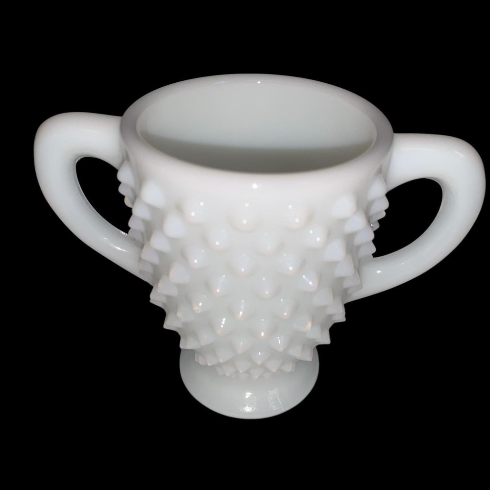 Vintage Milk Glass White Hobnail Fenton Two Handled Sugar Bowl Juice Mug Vase